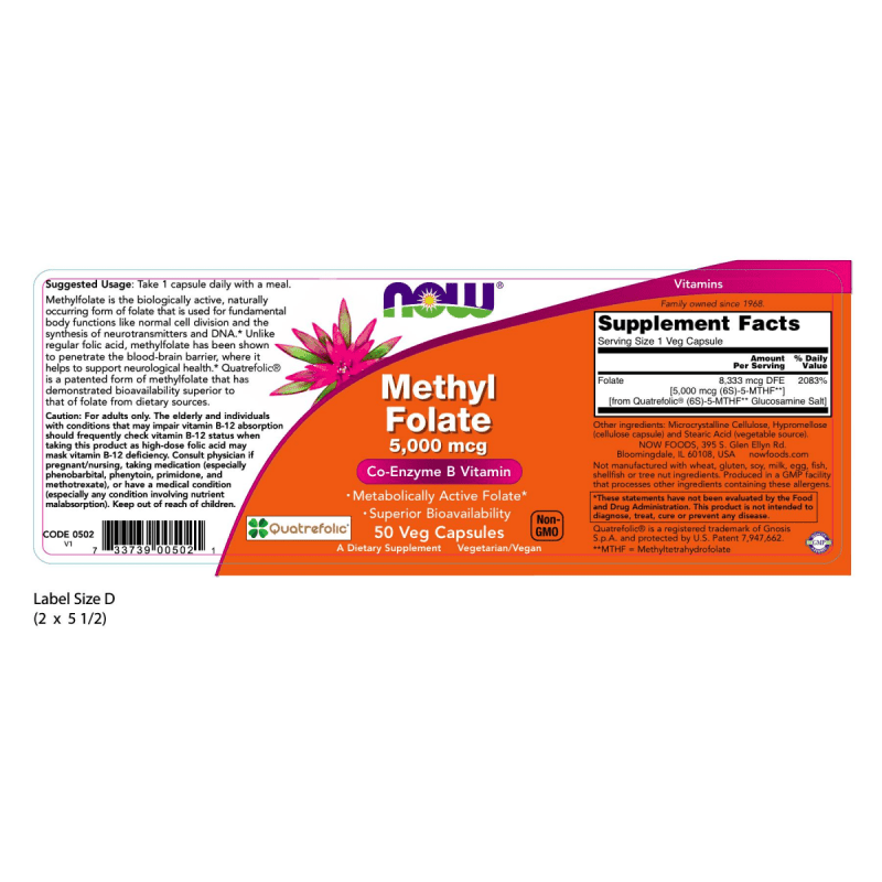 NOW SUPLEMENTOS Now Foods, Folato de Metilo 5,000 mcg (50 cápsulas)