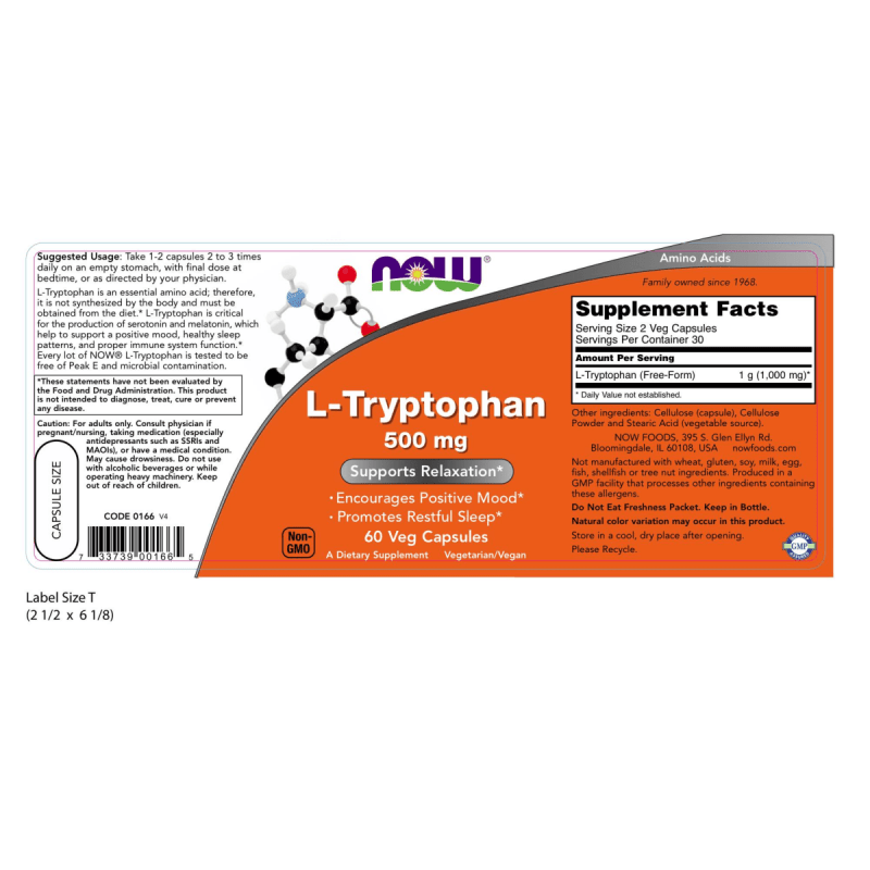 NOW SUPLEMENTOS Now Foods, L-Triptofano 500 mg (60 cápsulas)
