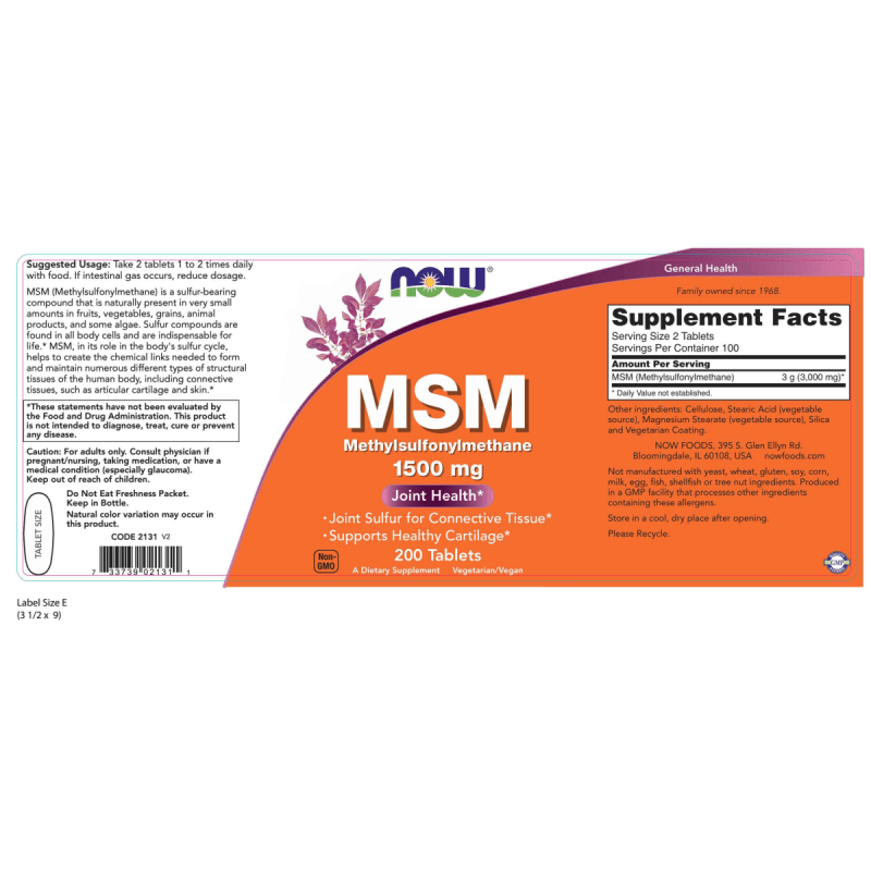 NOW SUPLEMENTOS Now Foods, MSM 1,500 mg (200 tabletas)