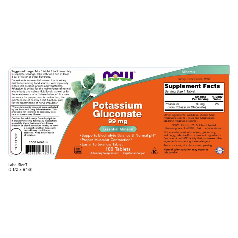 NOW SUPLEMENTOS Now Foods, Potasio Gluconato 99 mg (100 tabletas)