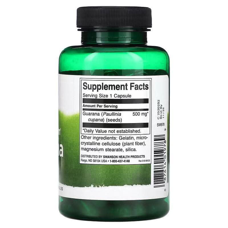 SWANSON SUPLEMENTO Swanson, Guarana 500 mg (100 cápsulas)