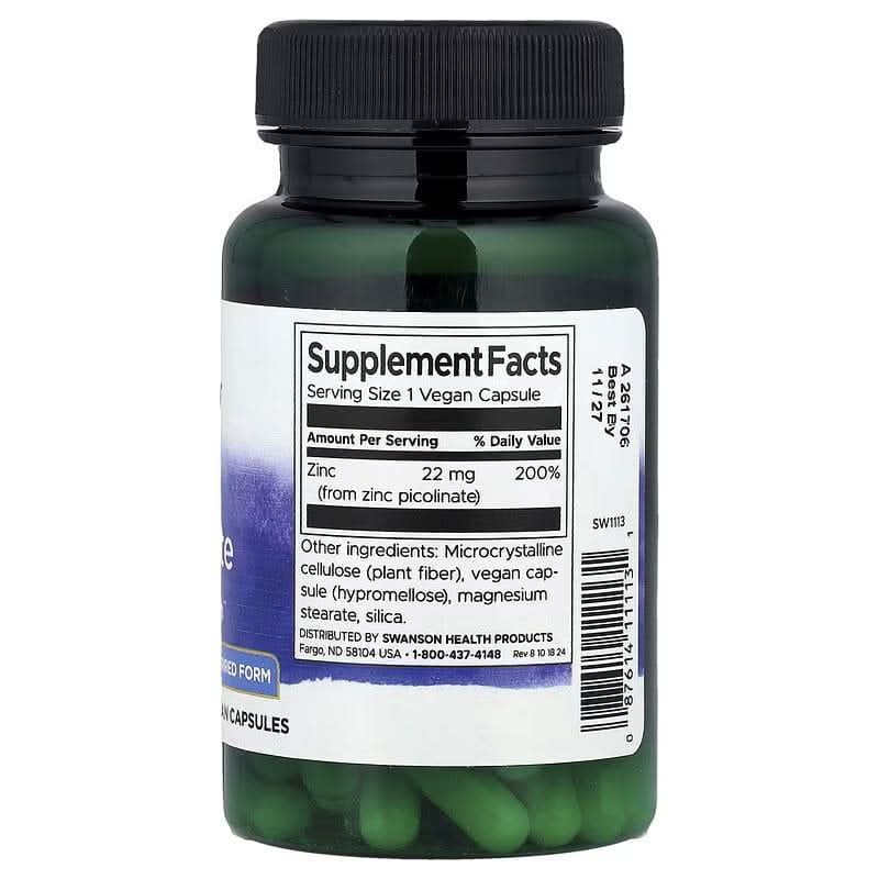 SWANSON SUPLEMENTOS Swanson, Picolinato de Zinc 22 mg (60 cápsulas)