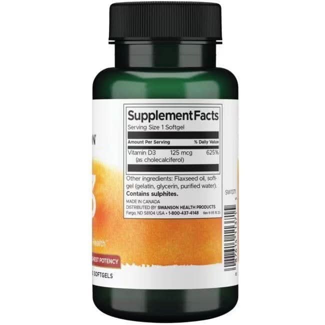 SWANSON SUPLEMENTO Swanson, Vitamina D-3 5,000 UI (250 softgels)