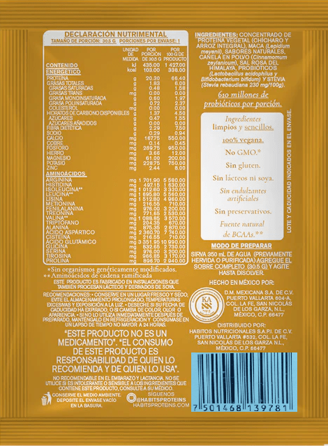 HABITS Suplementos Habits, Caja de Proteína Probiótica 16 Sobres de 30.5 g (Maca Cacao)