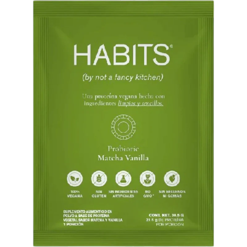HABITS Proteína Habits, Caja de Proteína Probiótica 16 Sobres de 30.5 g (Matcha Vainilla)