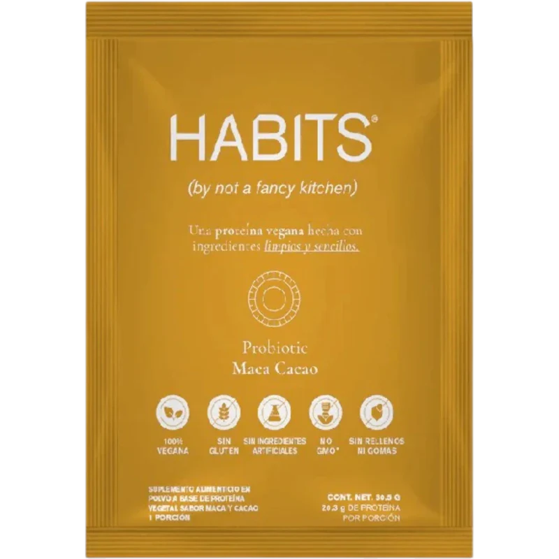 HABITS Proteína Habits, Caja de Proteína Probiótica 16 Sobres de 30.5 g (Maca Cacao)