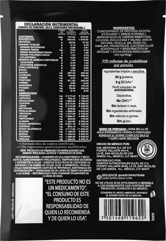 HABITS Suplementos Habits, Proteína para Alto Rendimiento 577.5 g 15 Sobres (Vainilla)