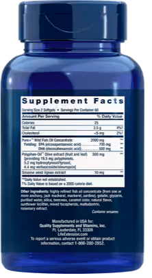 LIFE EXTENSION Suplementos Life Extension, Súper Omega-3 con Aceite de Pescado EPA/DHA, Lignanos de Sésamo y Extracto de Oliva (120 softgels)