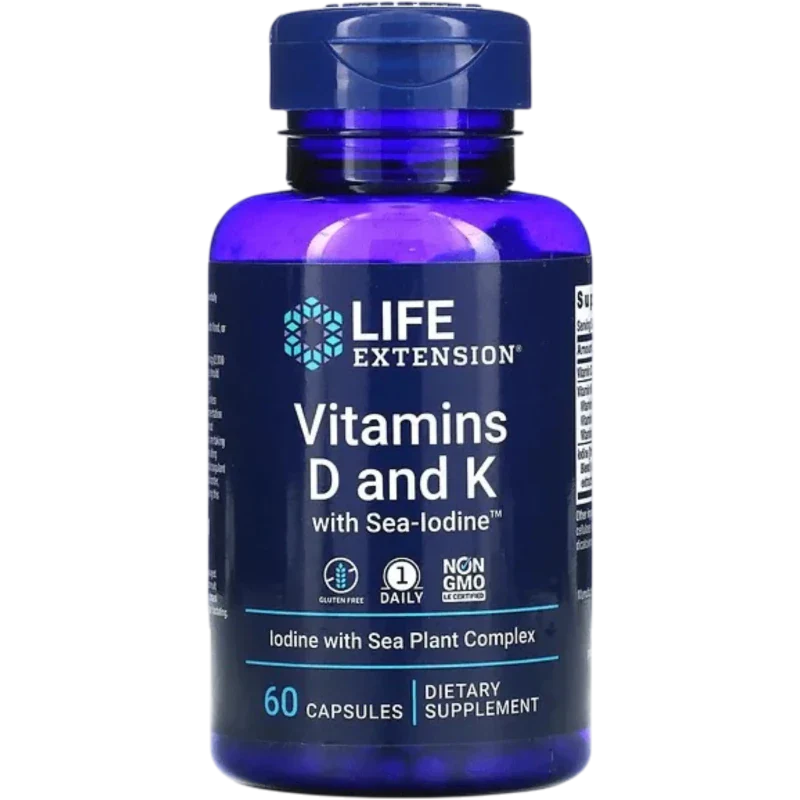 LIFE EXTENSION Vitamina Life Extension, Vitamina K y D-3 con Yodo Sea-lodine™ (60 cápsulas)