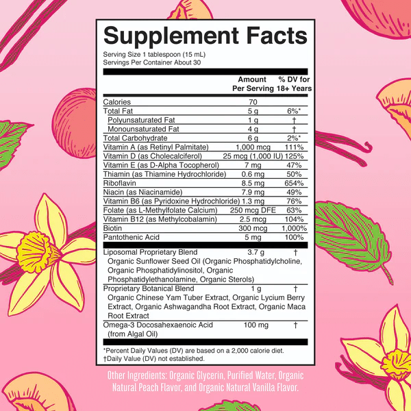 MARY RUTH'S Suplementos Mary Ruth's, Multivitamínico Liposomal Orgánico para Mujeres Sabor Vainilla Durazno (15.22 fl oz/ 450 ml)