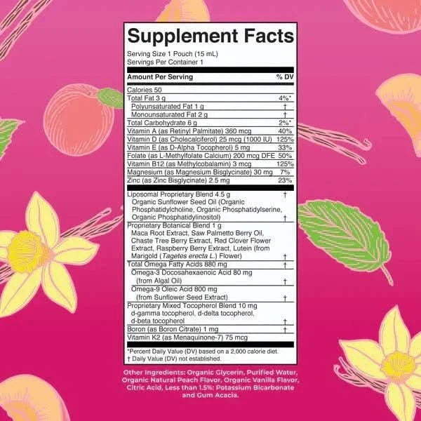 MARY RUTH'S Suplementos Mary Ruth's, Multivitamínico Liposomal para Mujer Mayores de 40 Años Sabor Vainilla Melocotón, 14 Sobres (0.5 fl oz/15 ml)