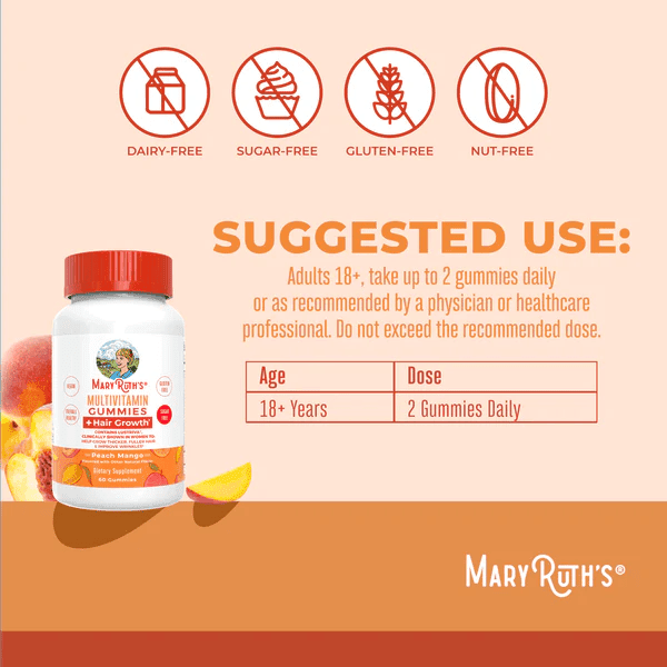 MARY RUTH'S Suplementos Multivitaminico + Crecimiento del Cabello (60 gomitas), Mary Ruth's