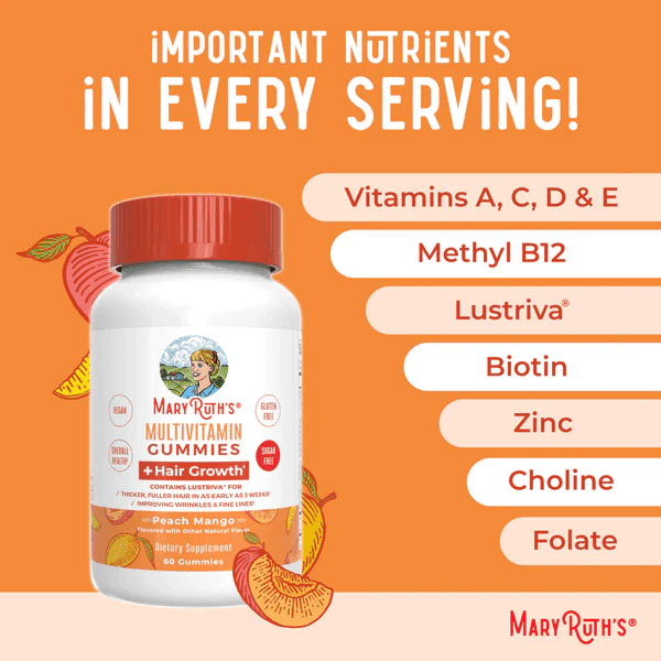 MARY RUTH'S Suplementos Multivitaminico + Crecimiento del Cabello (60 gomitas), Mary Ruth's