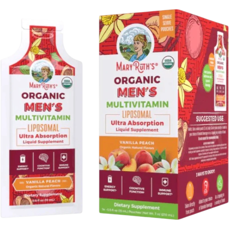 MARY RUTH'S Vitamina Mary Ruth's, Multivitamínico Liposomal Orgánico para Hombres Sabor Vainilla Melocotón, 14 Sobres (0.5 fl oz/15 ml)