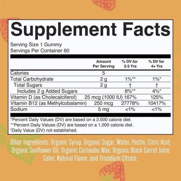 MARY RUTH'S Suplementos y vitaminas Mary Ruth's, D-3 y B-12 Orgánico Sabor Fresa (60 gomitas)