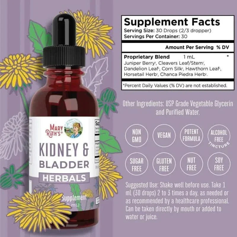 MARY RUTH'S SUPLEMENTO Mary Ruth's, Gotas Herbales Orgánicas para Riñón y Vejiga (1 fl oz/30 ml)