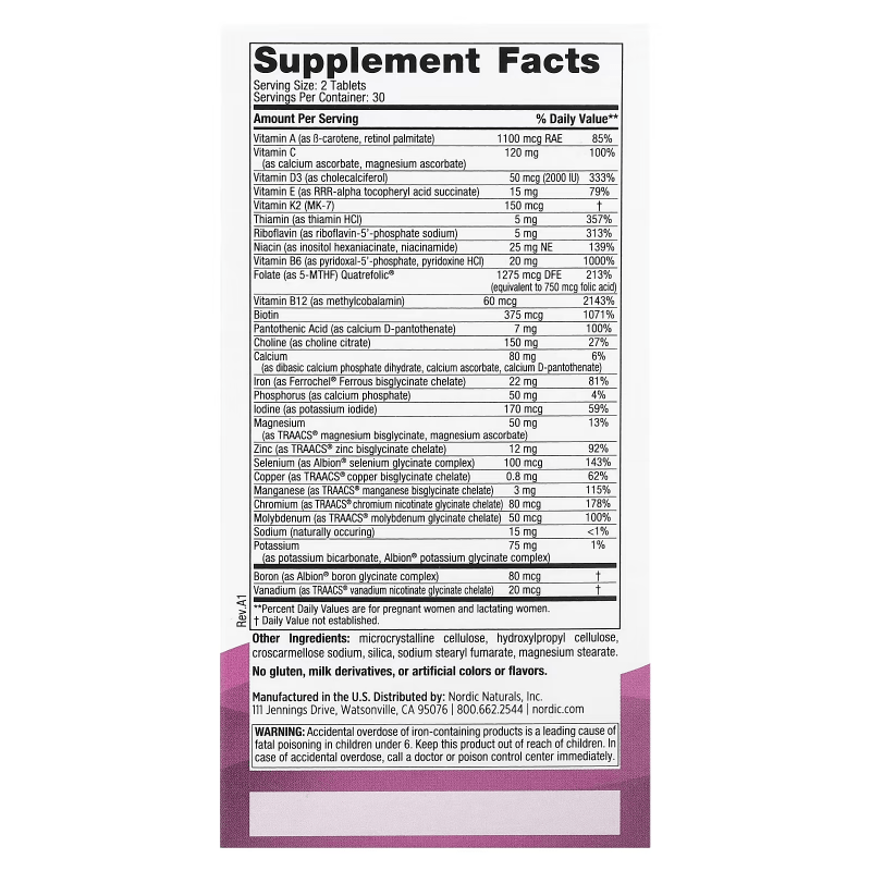 NORDIC NATURALS Suplementos , Mujeres Nordic Naturals, Multivitamínico Prenatal (60 tabletas)
