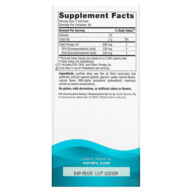 NORDIC NATURALS Suplementos Nordic Naturals, Omega-3 330 EPA/220 DHA Sabor Limón (120 softgels)