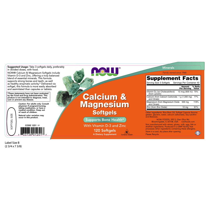NOW SUPLEMENTOS Now Foods, Calcio y Magnesio con Vitamina D-3 y Zinc (120 sotfgels)