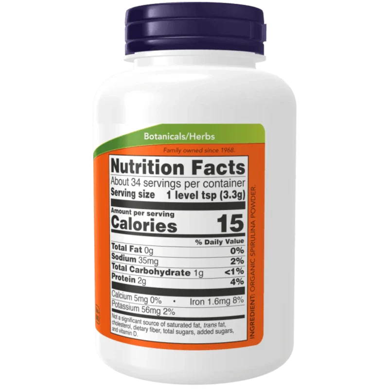NOW Suplementos Now Foods, Espirulina Orgánica en Polvo 113 g (34 porciones)