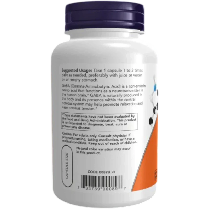 NOW Suplementos Now Foods, GABA 750 mg (100 cápsulas)