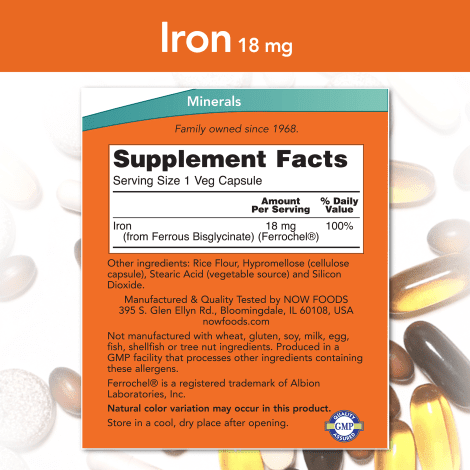 NOW SUPLEMENTOS Now Foods, Hierro 18 mg (120 cápsulas)