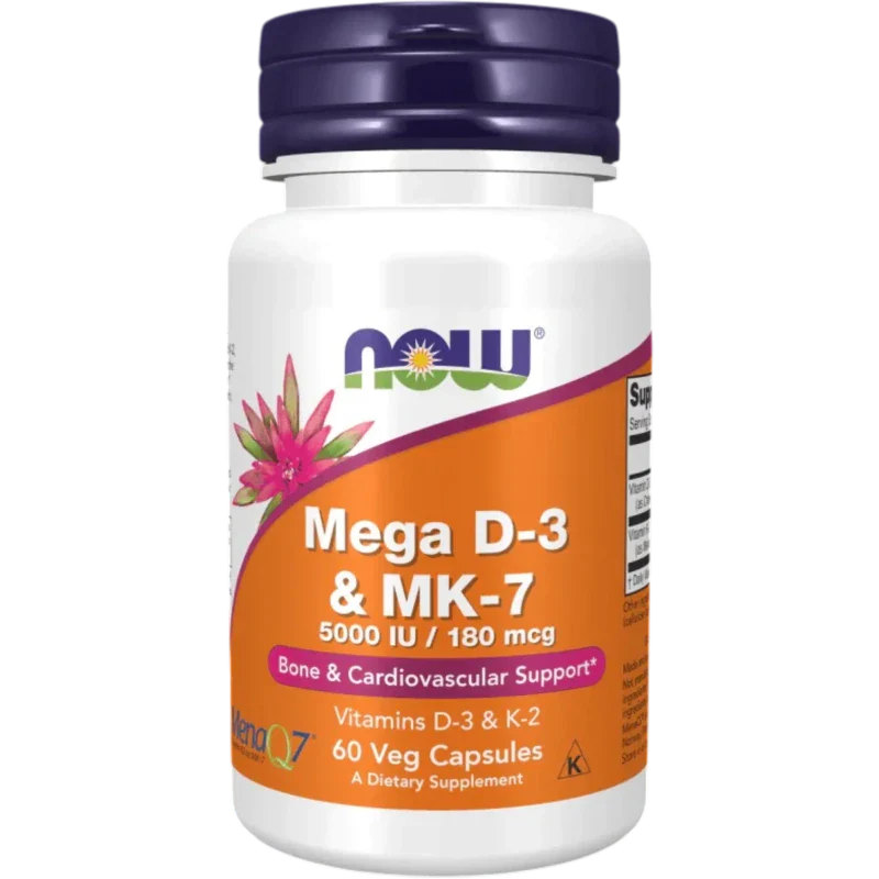 NOW Vitamina Now Foods, Mega D-3 y MK-7 5,000 UI/180 mcg (60 cápsulas)