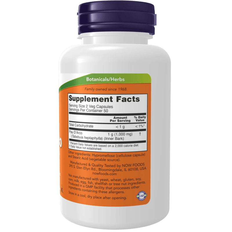 NOW Vitaminas y complementos Now Foods, Pau D'arco 500 mg (100 cápsulas)