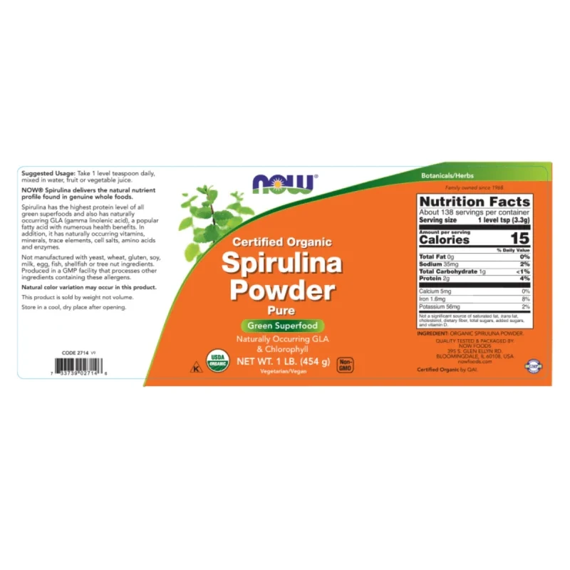 NOW Suplementos Now Foods, Polvo de Espirulina Orgánica 450 g (138 porciones)
