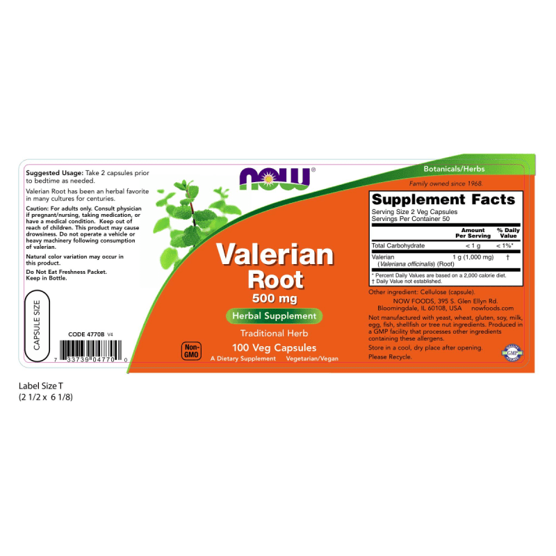 NOW SUPLEMENTOS Now Foods, Raíz de Valeriana 500 mg (100 cápsulas)