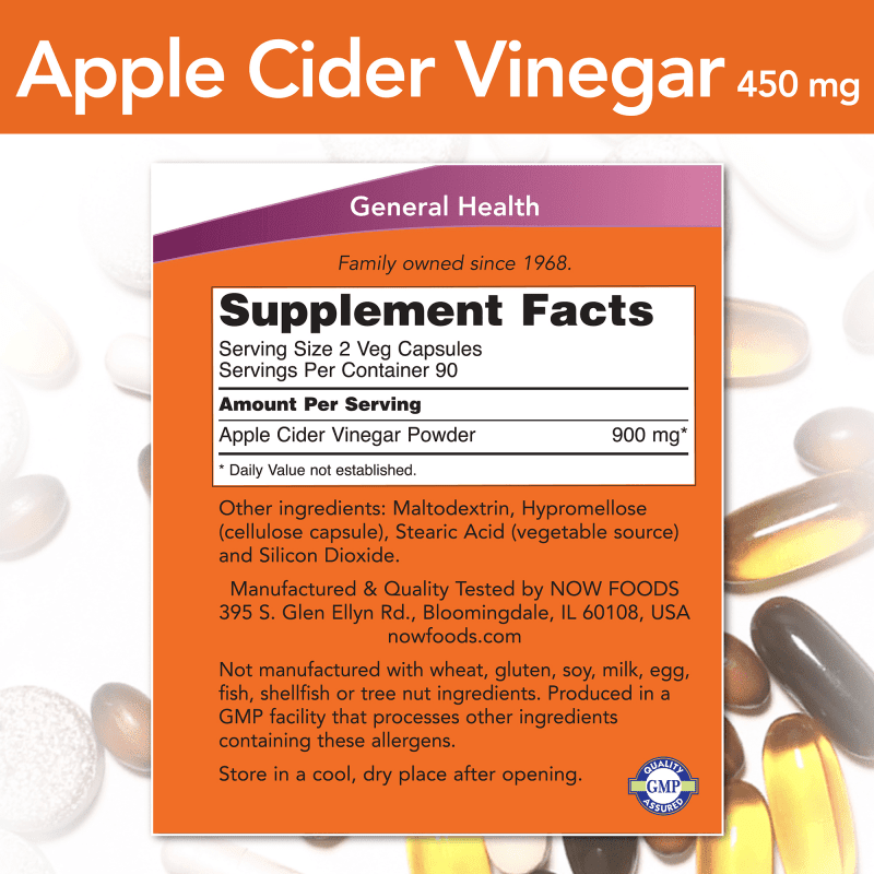 NOW SUPLEMENTOS Now Foods, Vinagre de Manzana 450 mg (180 cápsulas)