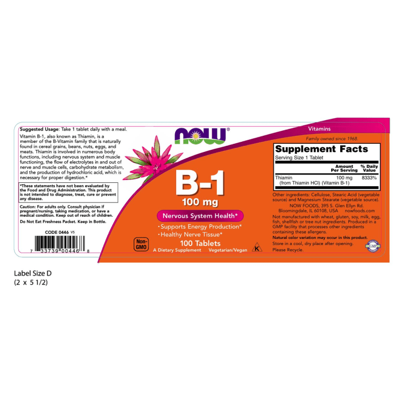 NOW SUPLEMENTOS Now Foods, Vitamina B-1 100 mg (100 tabletas)