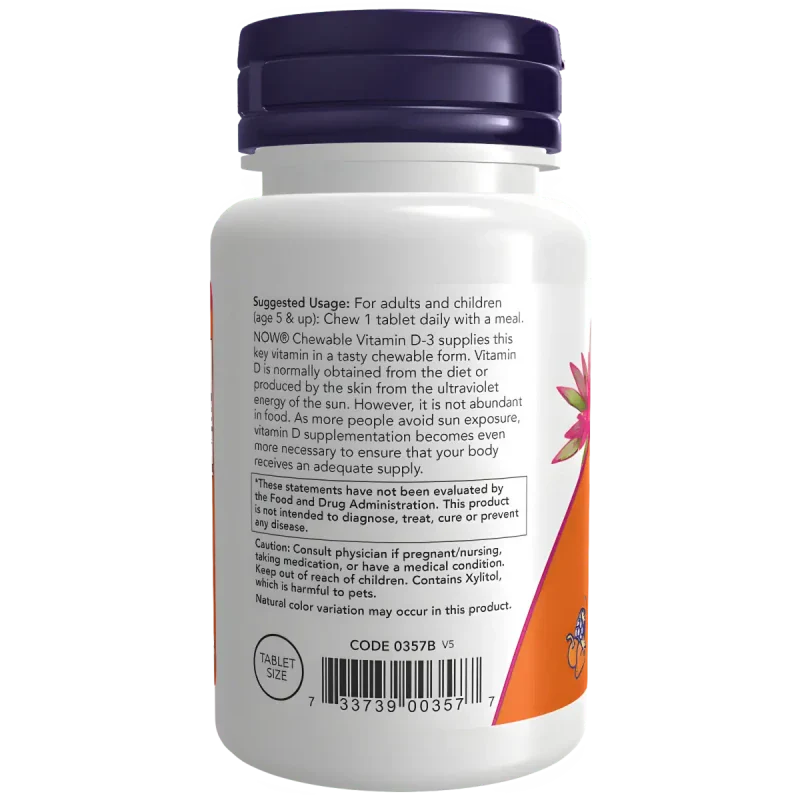 NOW Suplementos Now Foods, Vitamina D-3 1,000 UI (180 masticables)