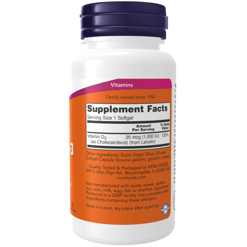 NOW SUPLEMENTOS Now Foods, Vitamina D-3 1,000 UI (180 softgels)