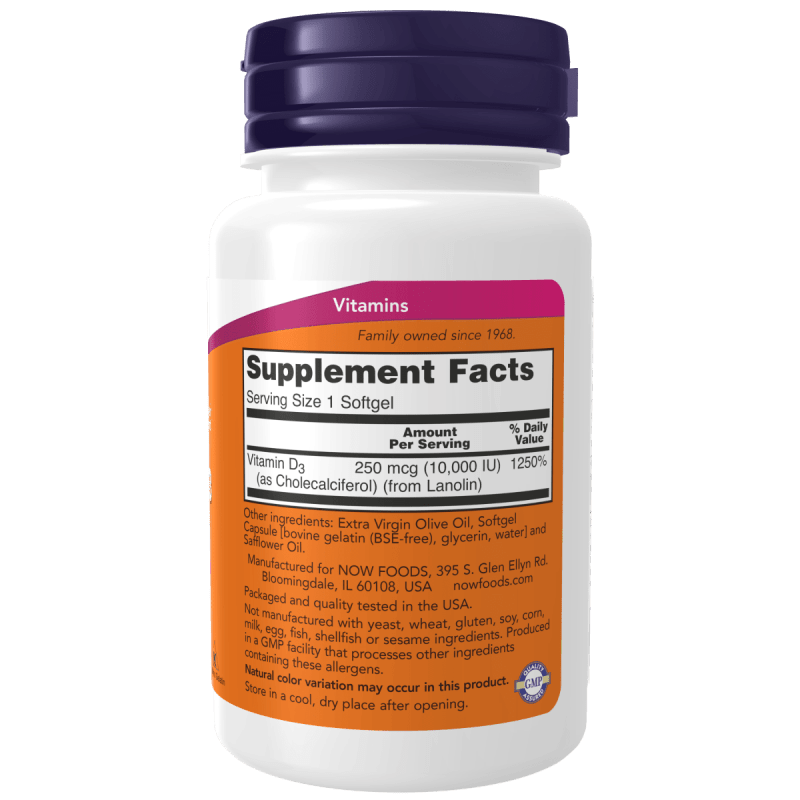 NOW SUPLEMENTO Now Foods, Vitamina D-3 10,000 UI (240 softgels)