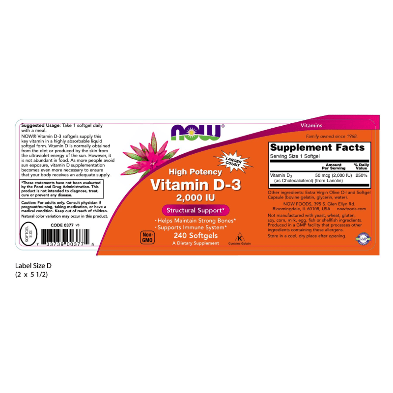 NOW SUPLEMENTOS Now Foods, Vitamina D-3 2,000 UI (240 softgels)