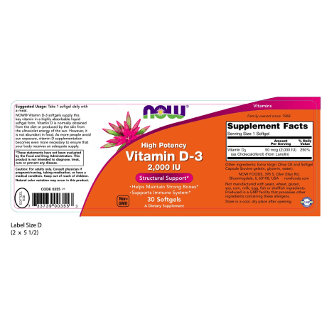 NOW SUPLEMENTOS Now Foods, Vitamina D-3 2,000 UI (30 softgels)