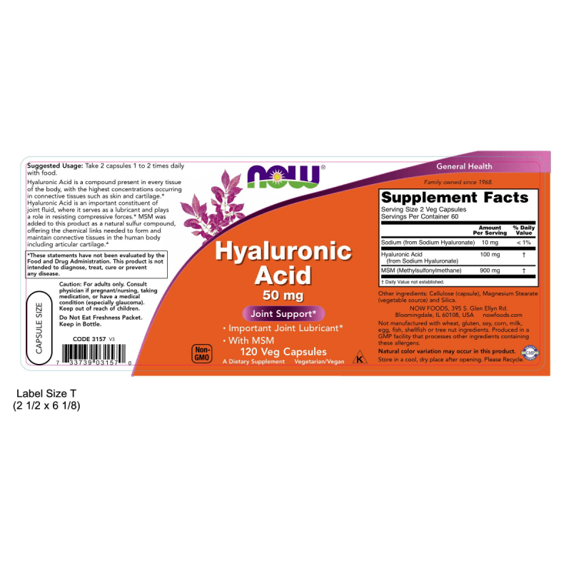 NOW SUPLEMENTOS Now Foods, Ácido Hialurónico con MSM 50 mg (120 cápsulas)