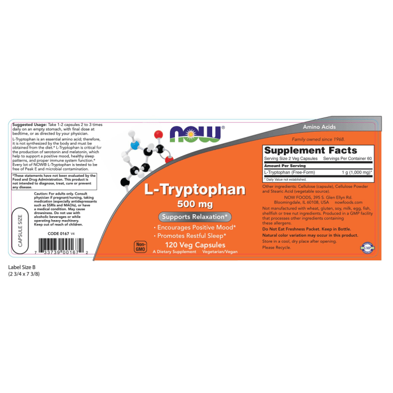 NOW SUPLEMENTOS Now Foods, L-Triptofano 500 mg (120 cápsulas)