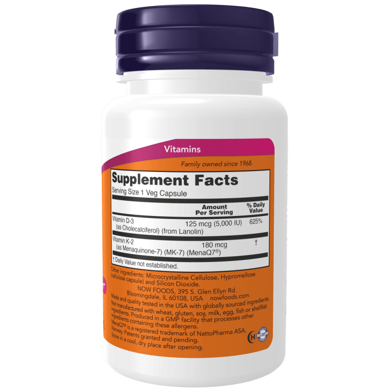 NOW SUPLEMENTOS Now Foods, Mega D-3 y MK-7 5,000 UI/180 mcg (60 cápsulas)