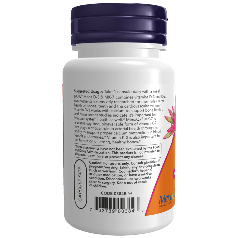 NOW SUPLEMENTOS Now Foods, Mega D-3 y MK-7 5,000 UI/180 mcg (60 cápsulas)