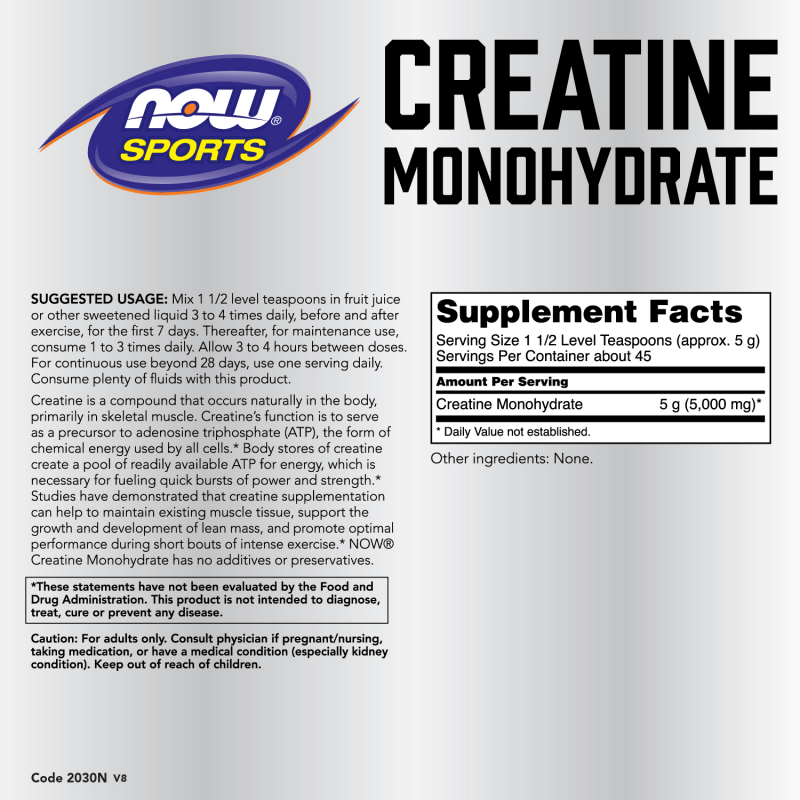 NOW SUPLEMENTOS Now Foods, Polvo de Creatina Monohidratada 227 g (45 porciones)