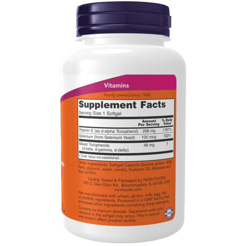 NOW suplementos Now Foods, Vitamina E-400, 268 mg + 100 mcg de Selenio (100 Softgels)