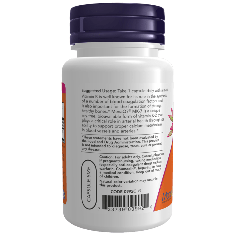 NOW Vitaminas y complementos Now Foods, MK-7 y Vitamina K-2 100 mcg (60 cápsulas)
