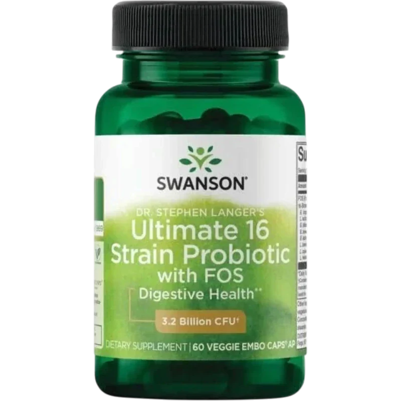 SWANSON Probiótico Swanson, Probiótico Definitivo de 16 Cepas con FOS 3.2 Billion CFU (60 cápsulas)