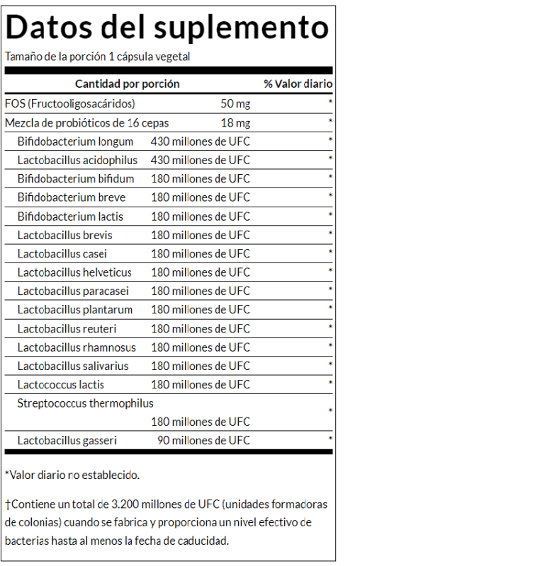 SWANSON SUPLEMENTOS Swanson, Probiótico Definitivo de 16 Cepas con FOS 3.2 Billion CFU (60 cápsulas)