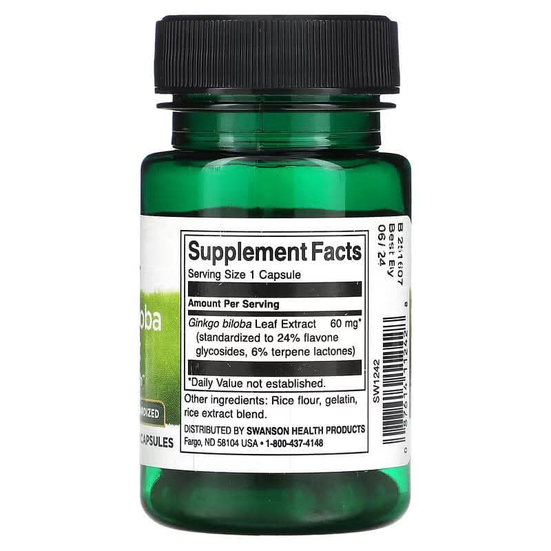 SWANSON SUPLEMENTO Swanson, Extracto de Ginkgo Biloba 60 mg (30 cápsulas)