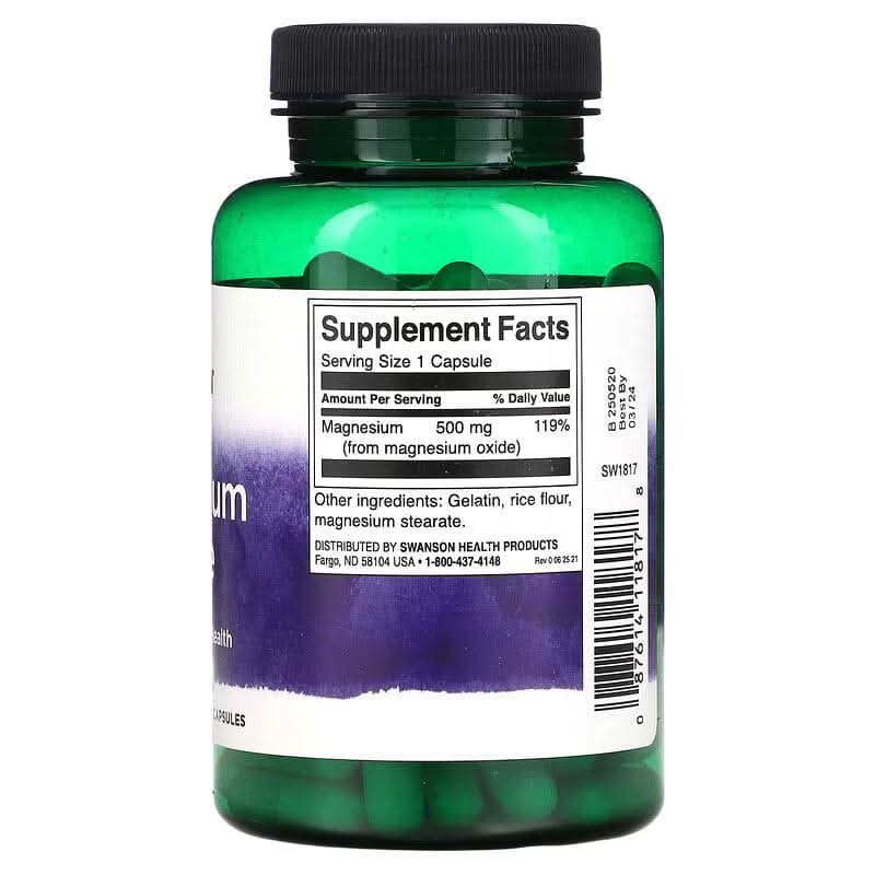 SWANSON SUPLEMENTO Swanson, Óxido de Magnesio 500 mg (100 cápsulas)