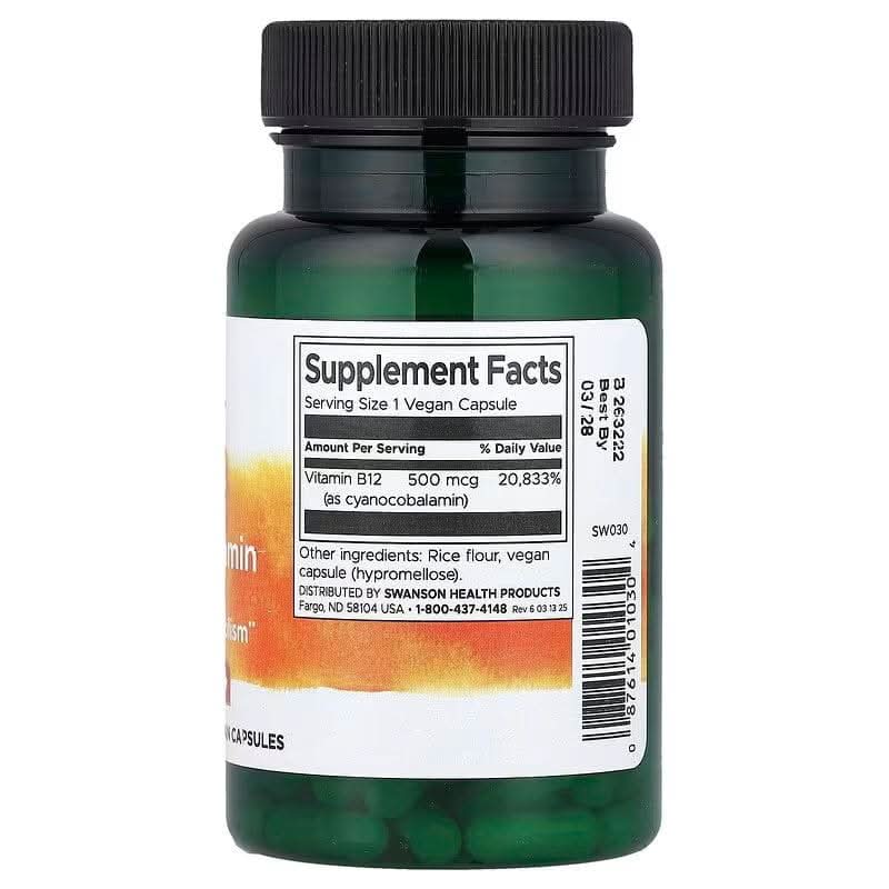 SWANSON SUPLEMENTOS Swanson, Vitamina B-12 Cianocobalamina 500 mcg (100 cápsulas)