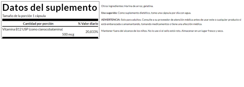 SWANSON SUPLEMENTOS Swanson, Vitamina B-12 Cianocobalamina 500 mcg (100 cápsulas)